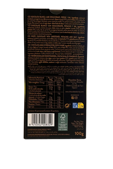 Chocolate blanco con pistacho y sal Zero Torras 100g
