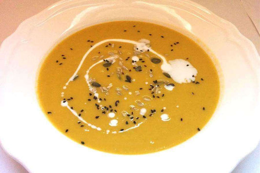 crema de calabaza con lentejas y guisantes pelados