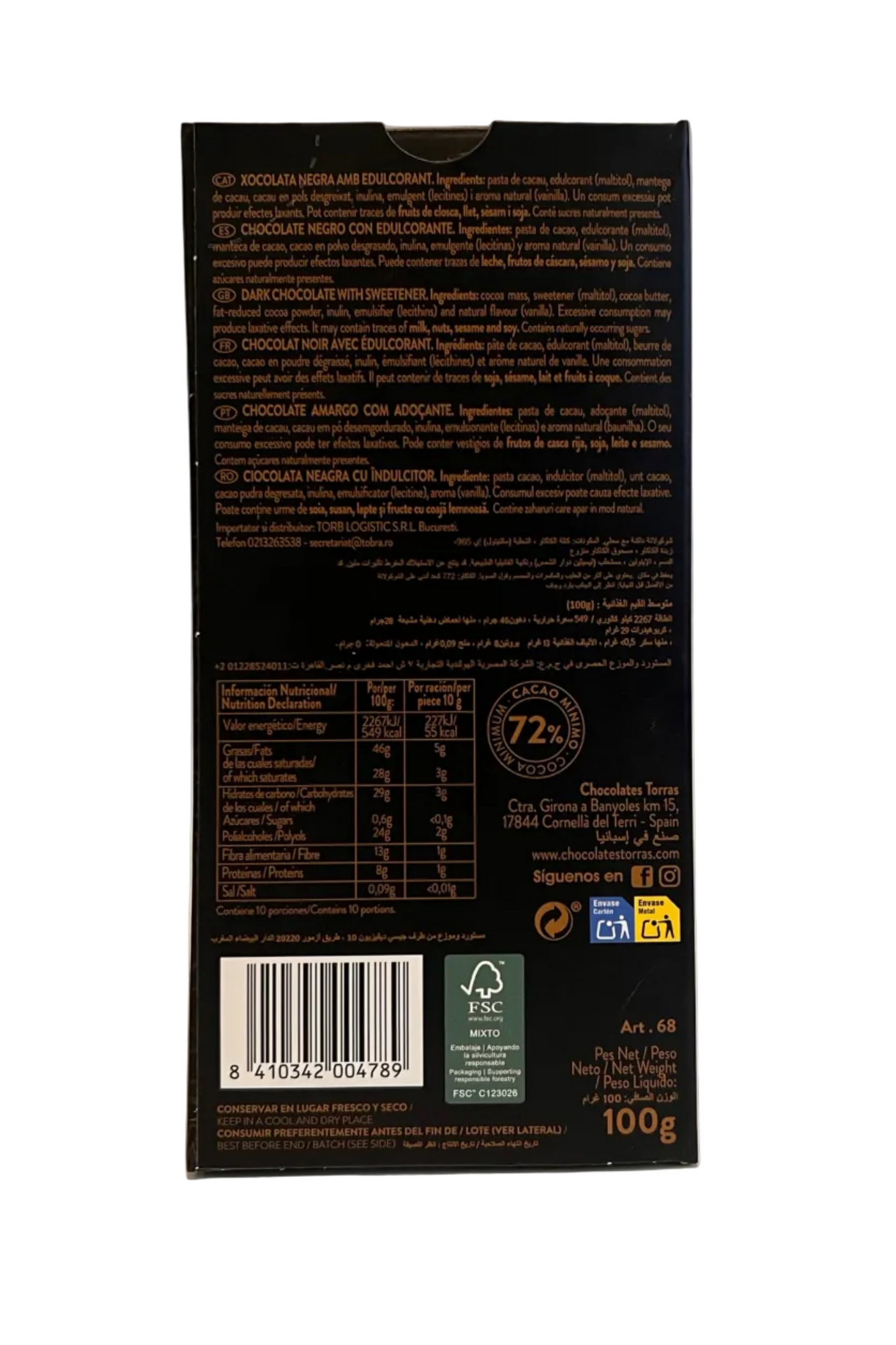 Xocolata Fondant Zero 85% cacau Torras 100g
