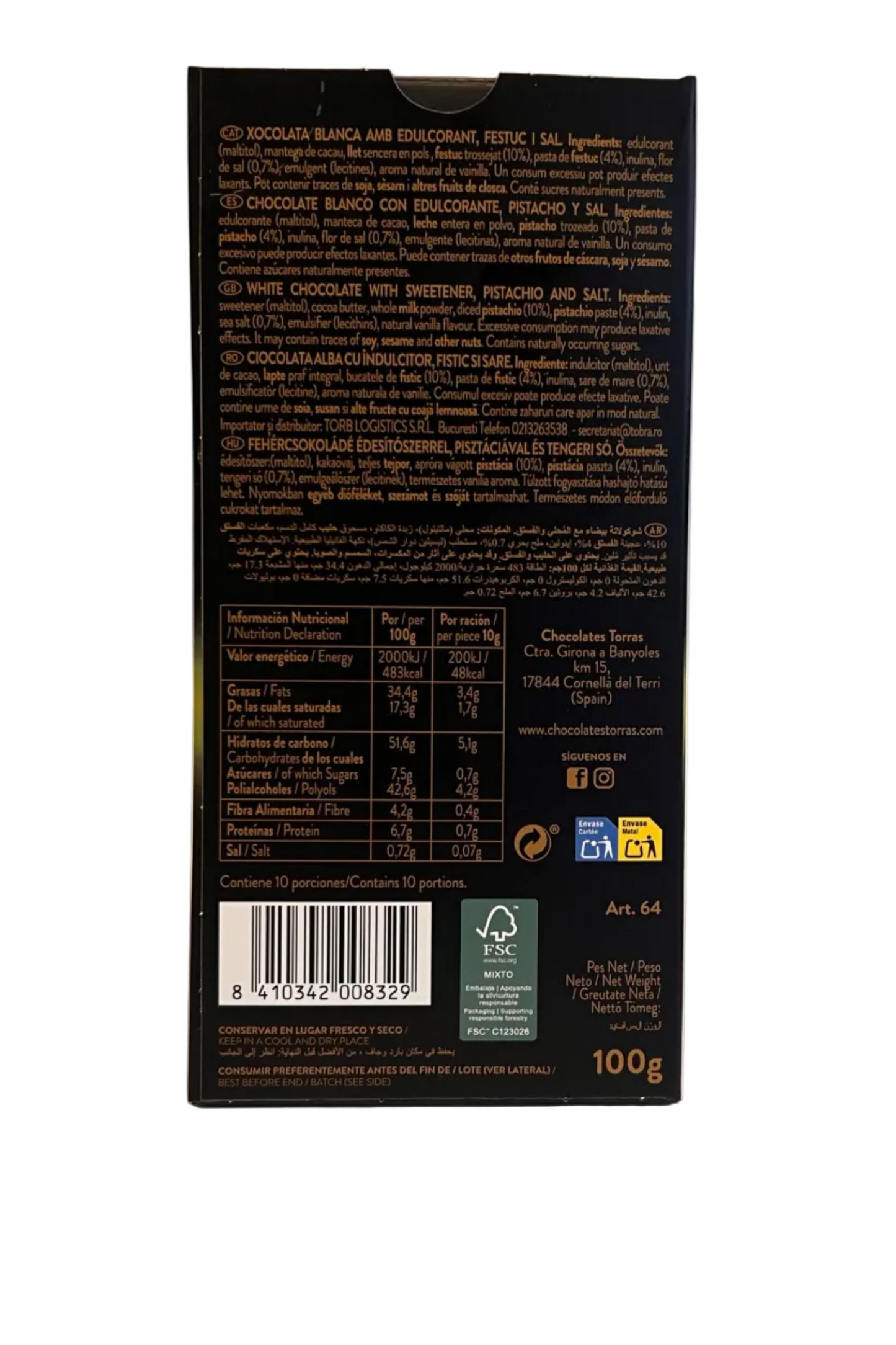 Chocolate blanco con pistacho y sal Zero Torras 100g